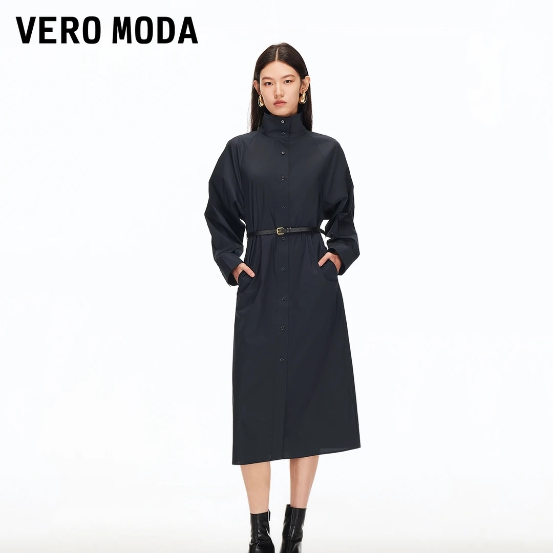 Vero Moda连衣裙2025秋季新款含棉捏褶腰带收腰中长裙32537D022