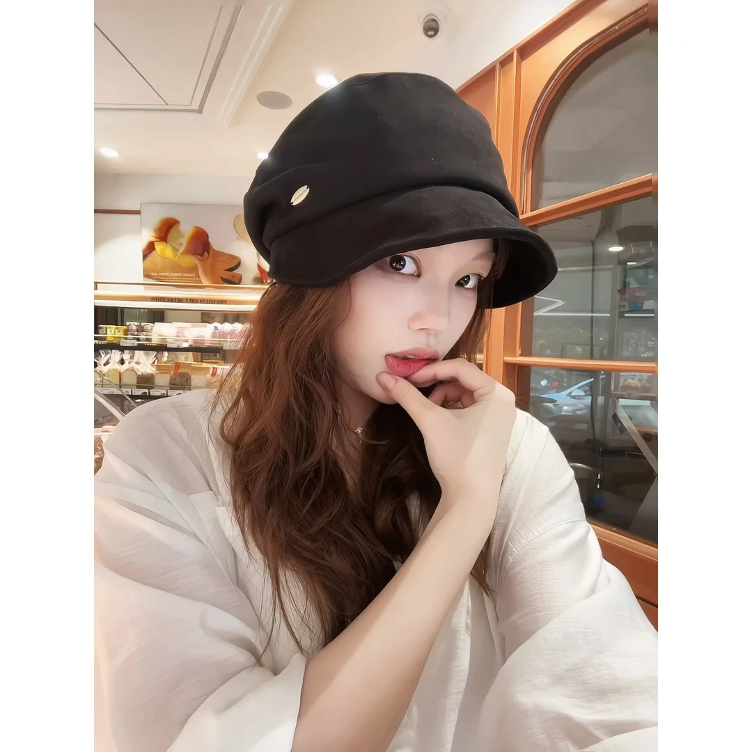 秋季新款小众堆堆帽大头显脸小麂皮西装料百搭素颜水桶渔夫帽