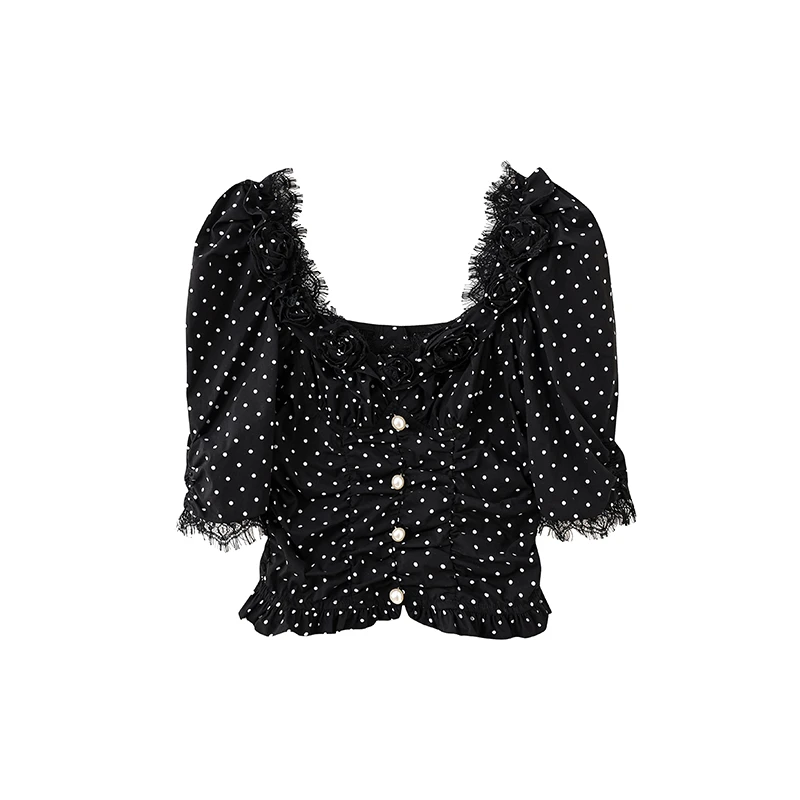 2号【玫瑰波点】法式蕾丝拼接玫瑰花泡泡袖收腰短袖衬衫C1579-1