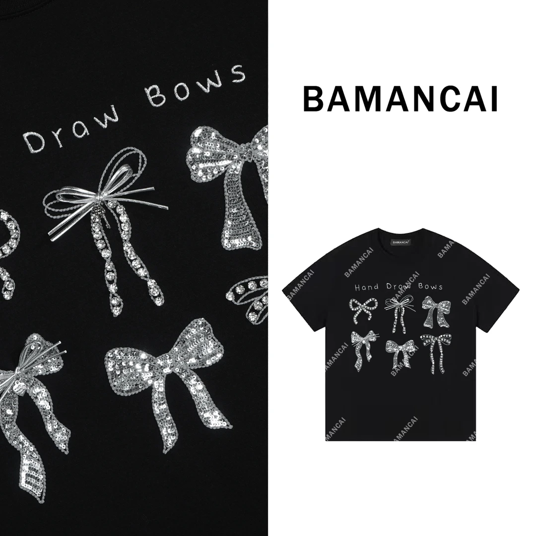 Bamancai-设计感重工钉钻蝴蝶结装饰独特好看新款正肩宽松女上衣