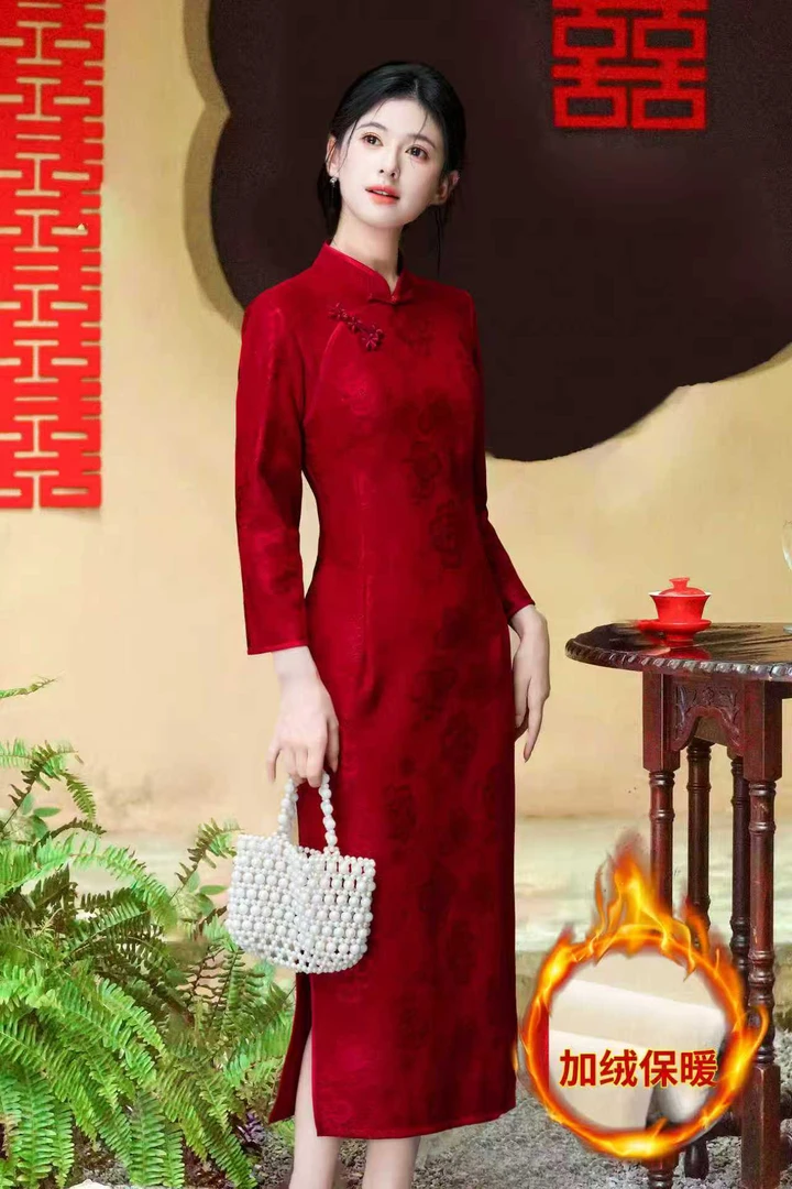 【好事成双】2025中国风中式婚庆冬季红色大码加绒旗袍显瘦时尚A17