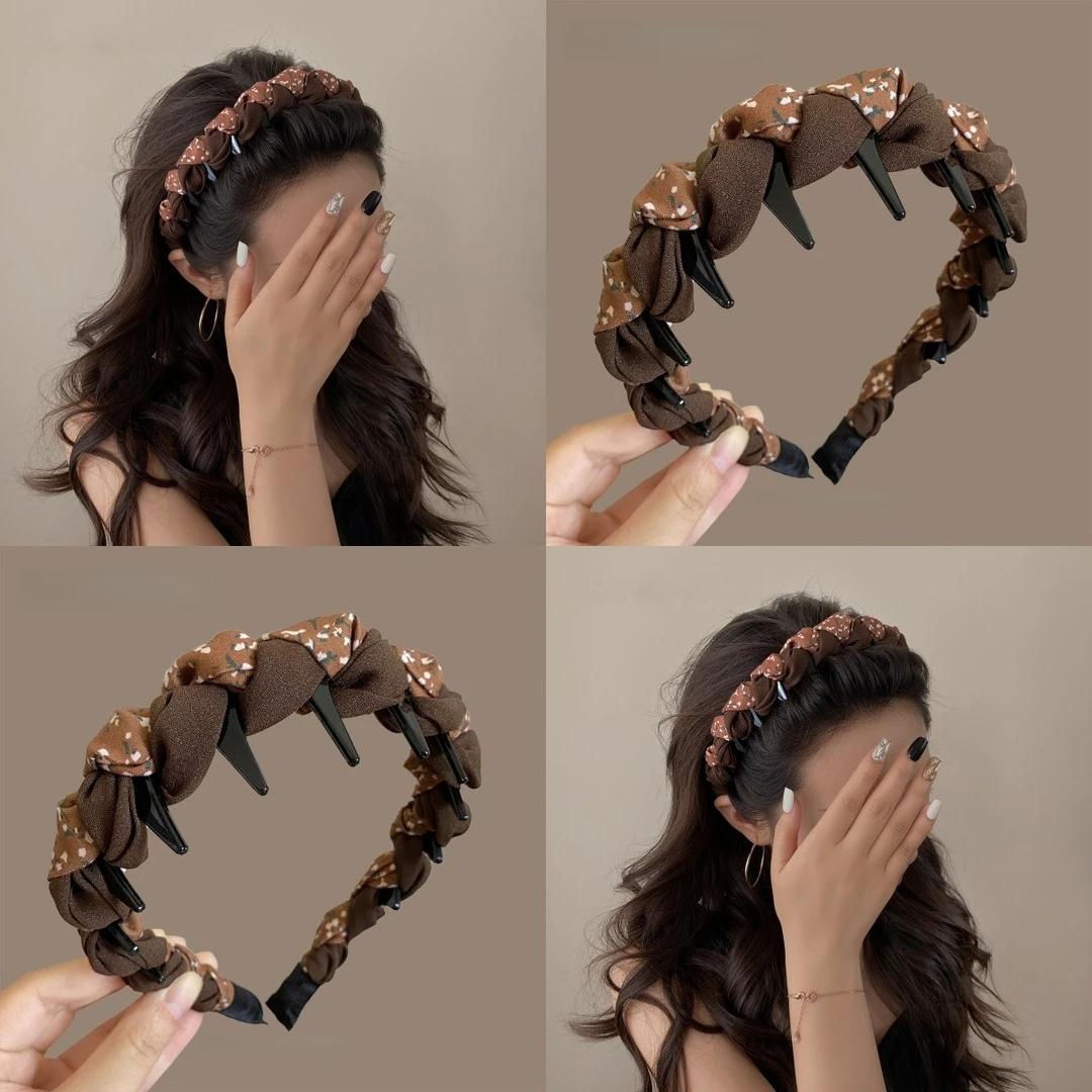 复古碎花拼接带齿发箍女2025新款田园风高颅顶头箍百搭压发卡