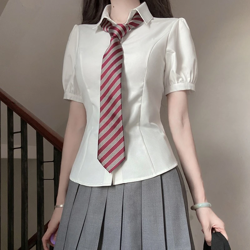 原创jk收腰衬衫长袖短袖春夏季学院风内搭叠穿百搭打底白方领褶皱