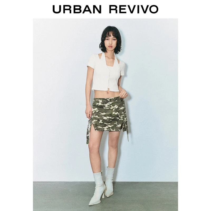 UR2025夏季新款女装时尚气质假两件修身挂脖短袖T恤UYY450158