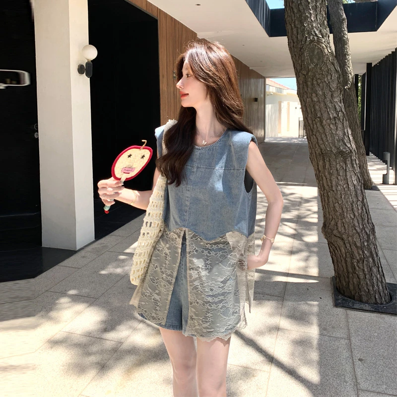 牛仔拼接蕾丝马甲短裤2025夏季新款复古韩系ins风松弛感甜酷套装