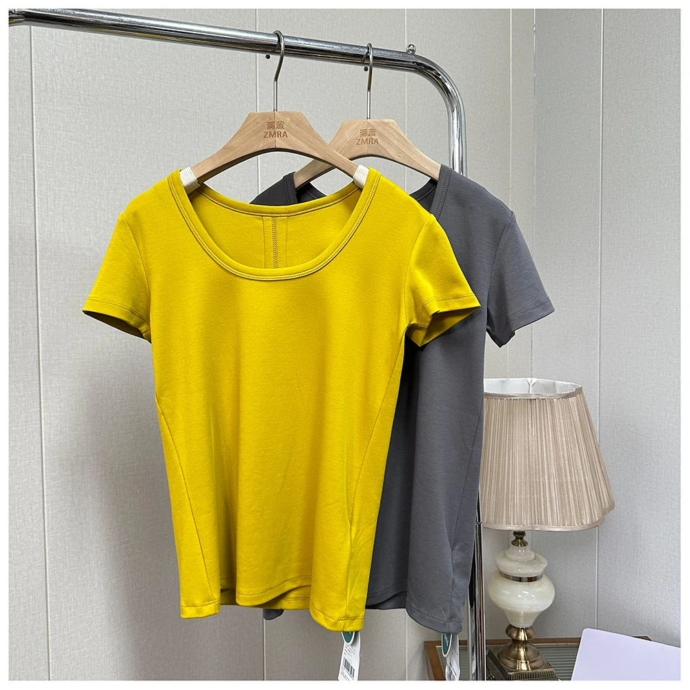 1T025  春夏新款百搭修身方领短袖T恤