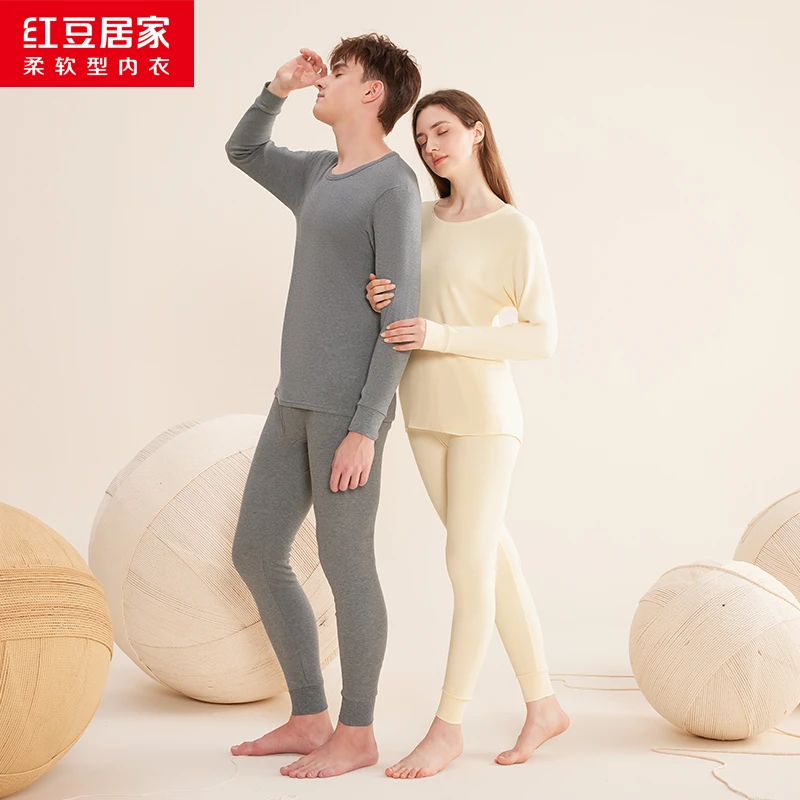 （纯棉）红豆100%棉保暖内衣情侣套装多色可选秋冬圆领打底秋衣秋裤