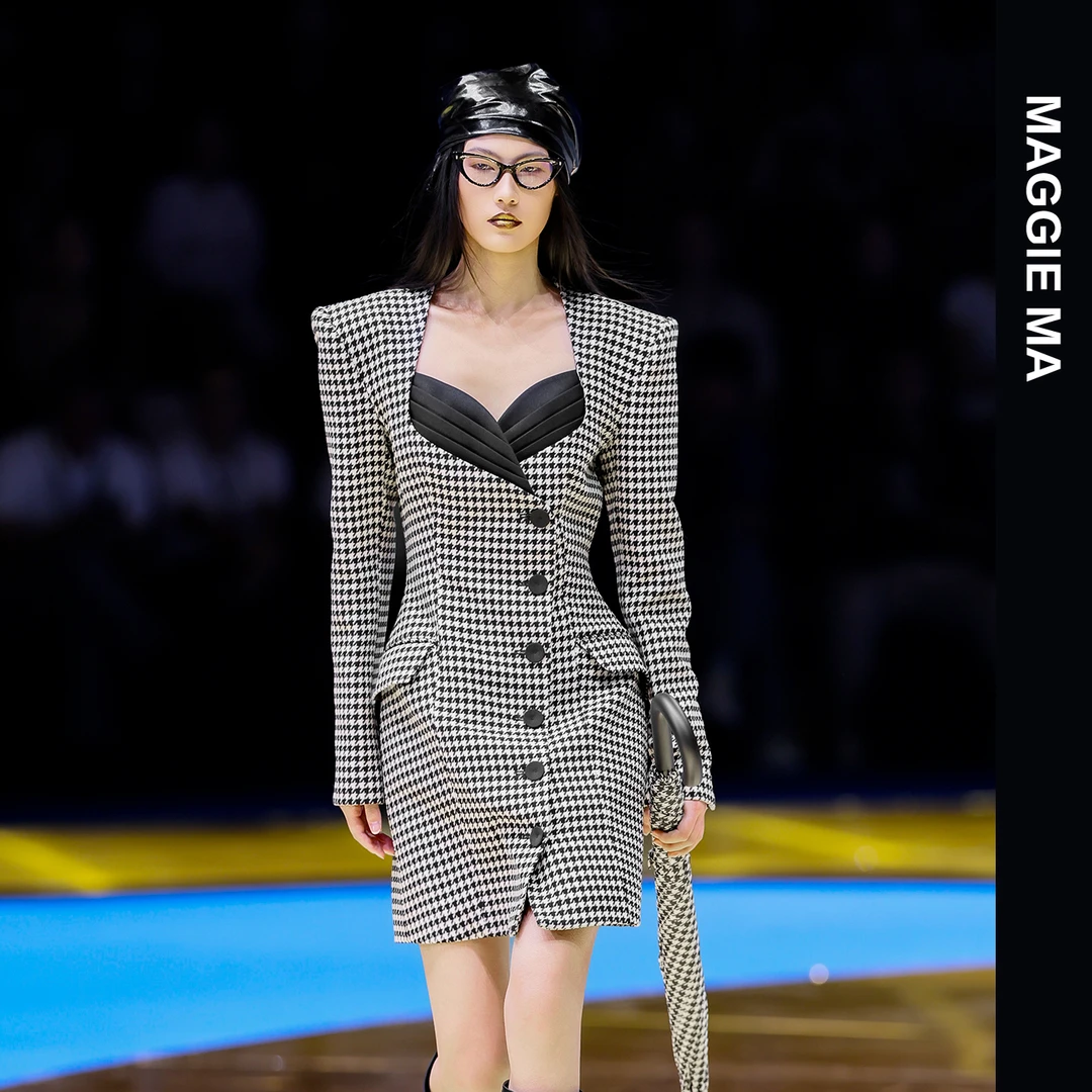 MAGGIE MA马婧设计师款复古黑白撞色千鸟格气质显瘦连衣裙470D
