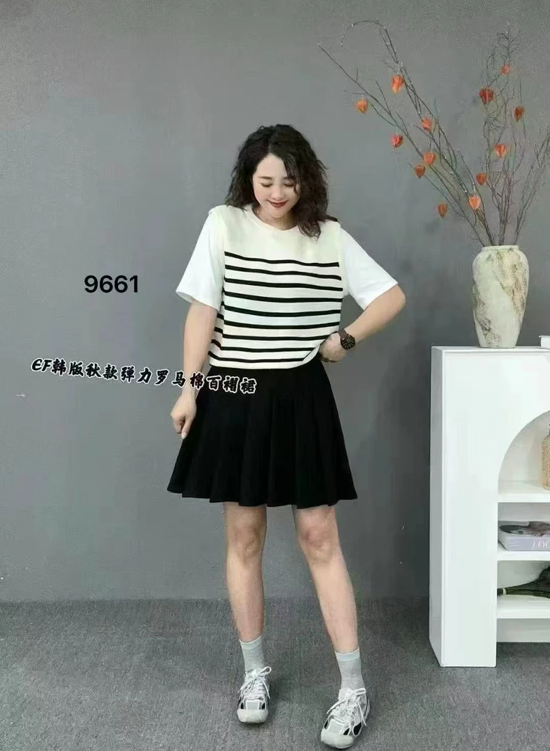 1300韩版百搭黑色弹力百褶裙9661