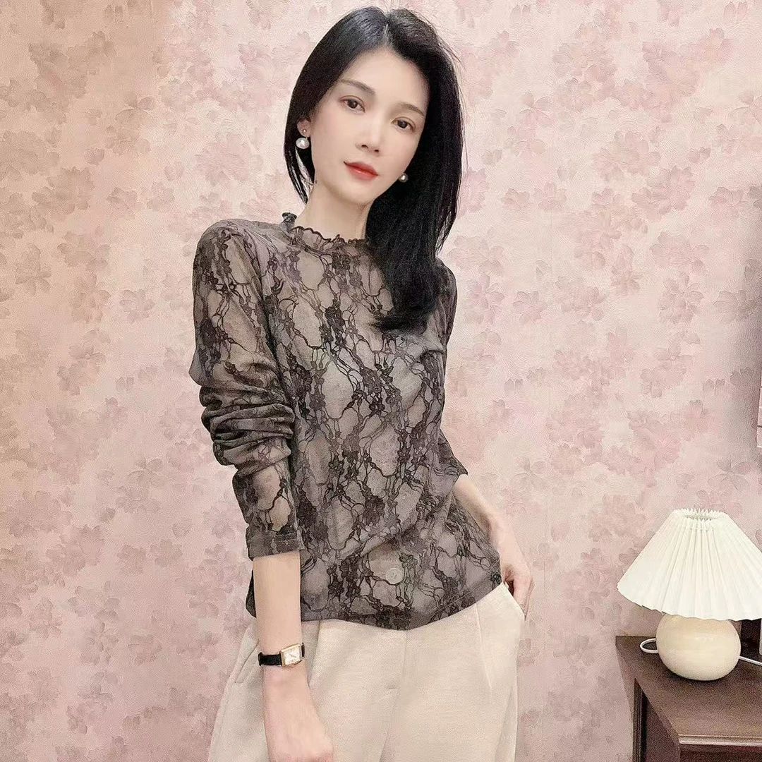 纯欲慵懒风长袖蕾丝圆领镂空打底上衣女式内搭