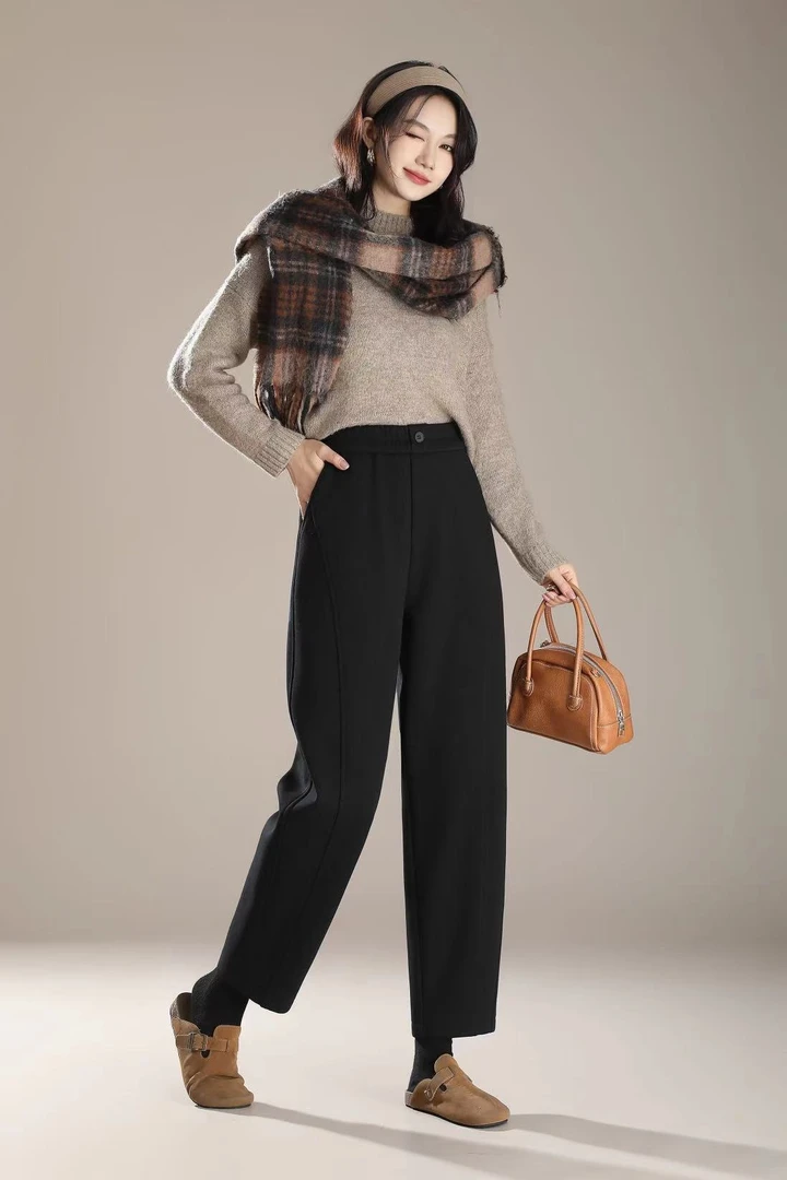 黑色镰刀裤女秋冬季哈伦裤高腰宽松小个子九分休闲毛呢裤子