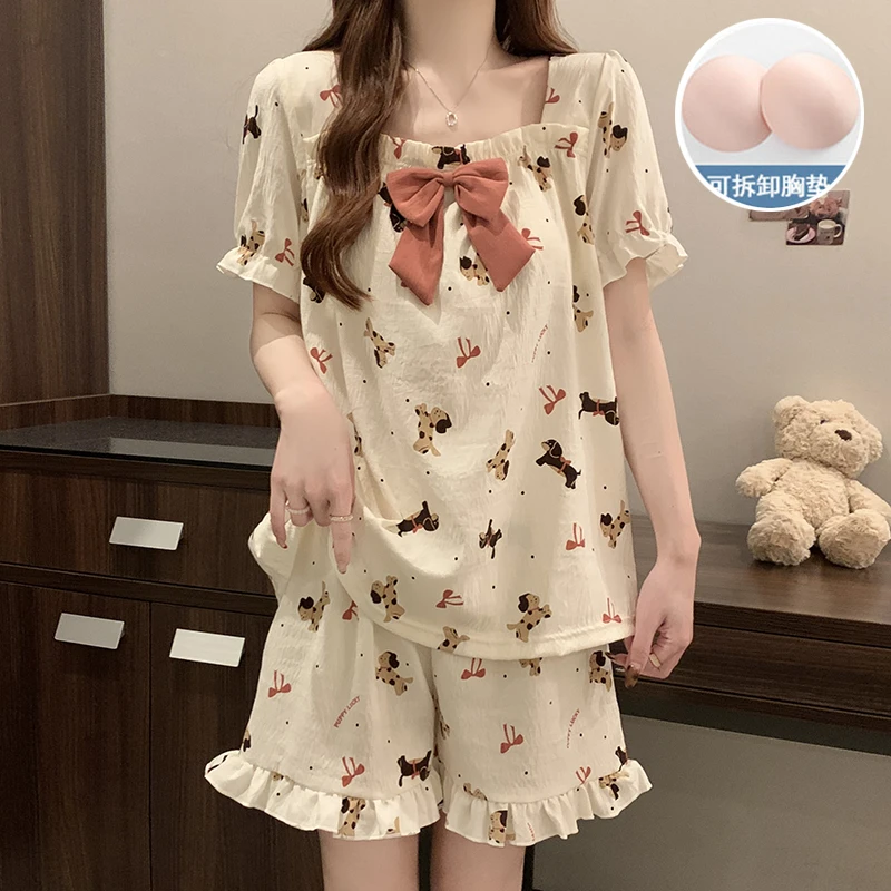 少女睡衣夏季短袖带胸垫可爱腊肠狗云朵棉家居服女夏天宽松两件套