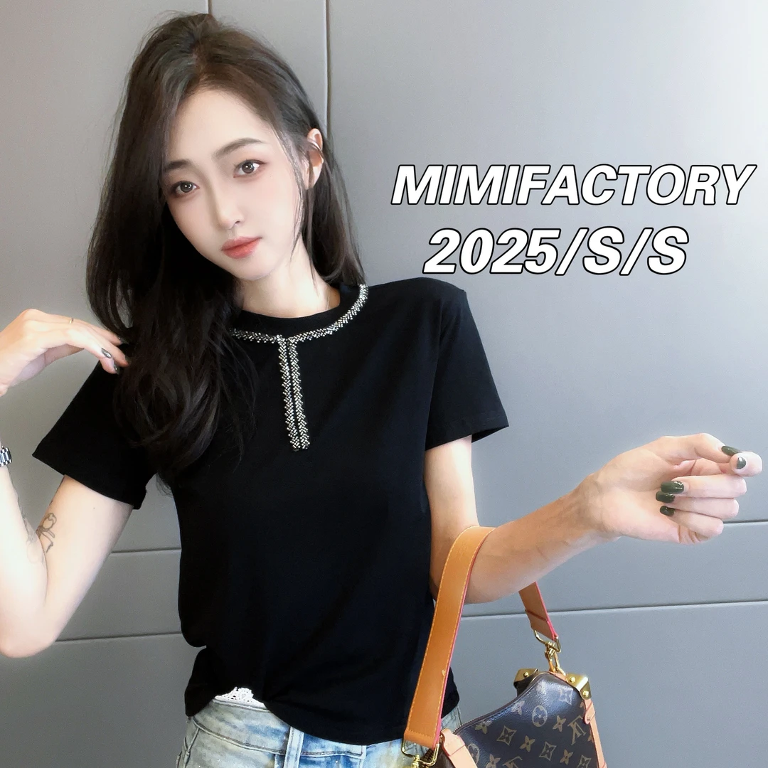 芈芈2025夏季新款 重工领口镶钻短袖T恤女收腰显瘦上衣3995#