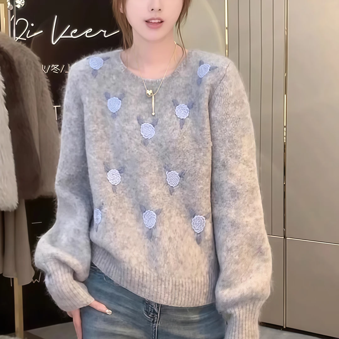 韩版重工刺绣花朵毛衣女秋冬新款慵懒风百搭针织衫上衣ins温柔潮