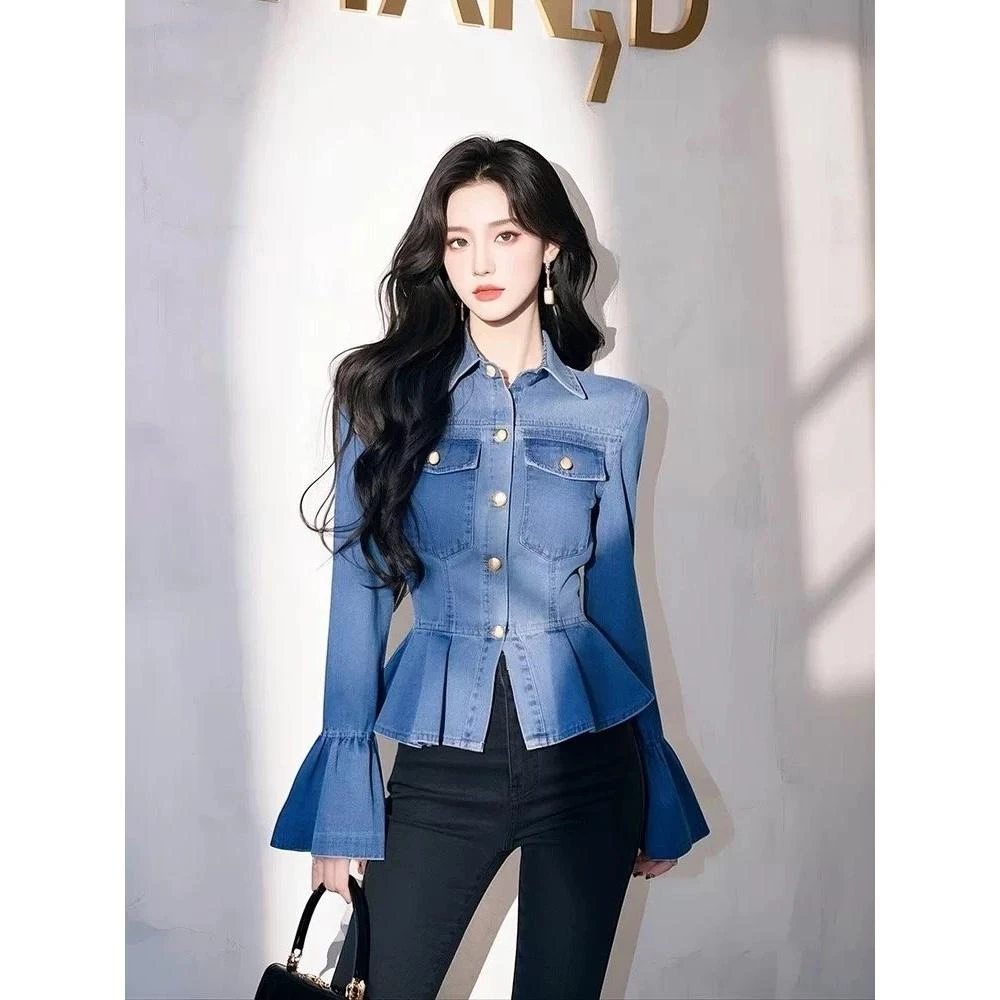 SS52春季新款港风穿搭高级感独特漂亮蓝色牛仔POLO领收腰长袖衬衫