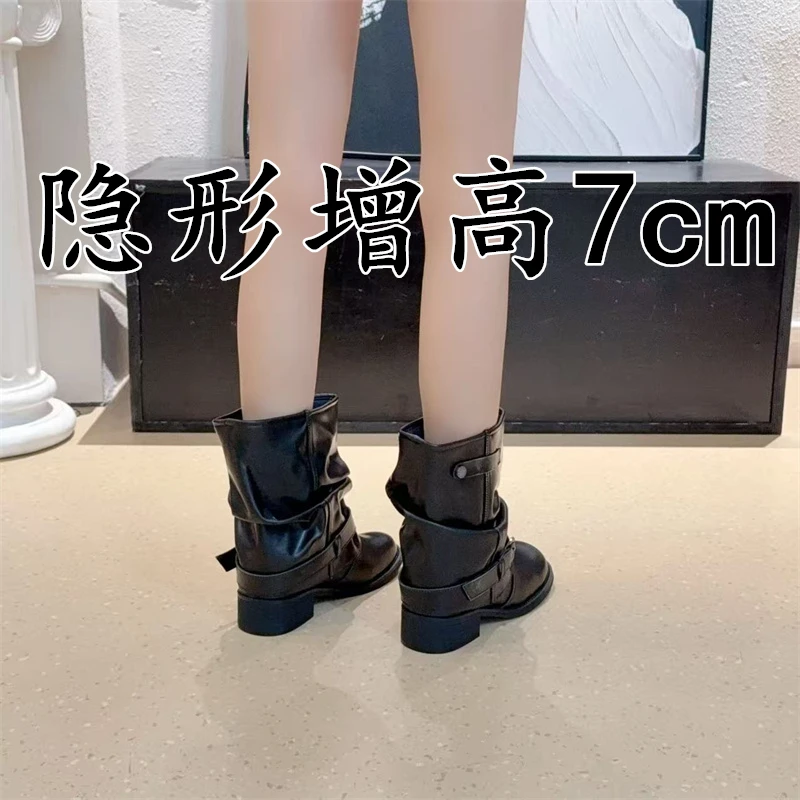 牛皮版~复古堆堆靴女2025新款辣妹裤管靴小个子内增高西部牛仔靴