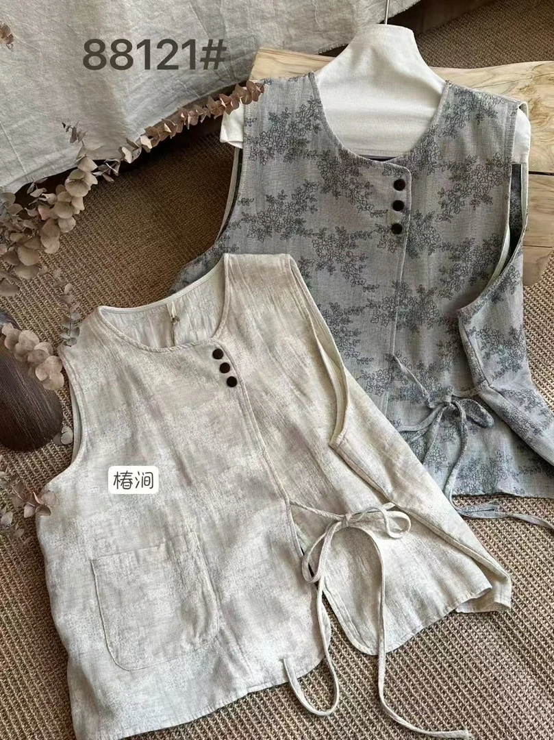 复古文艺设计感提花绑带马甲 （衣长57-60胸围140）