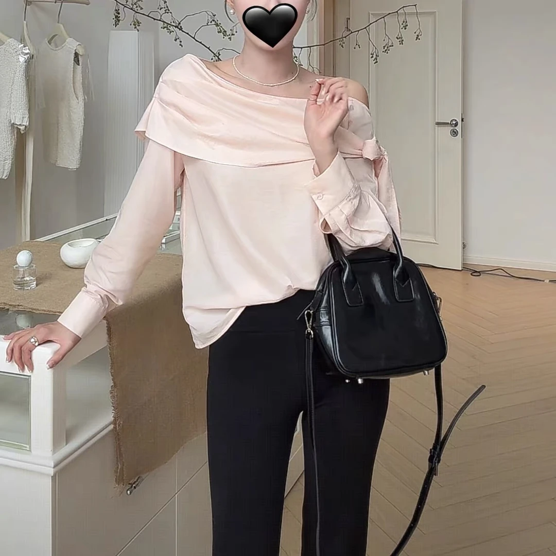 温柔邂逅 gentle】温婉不规则飘带一字领衬衫