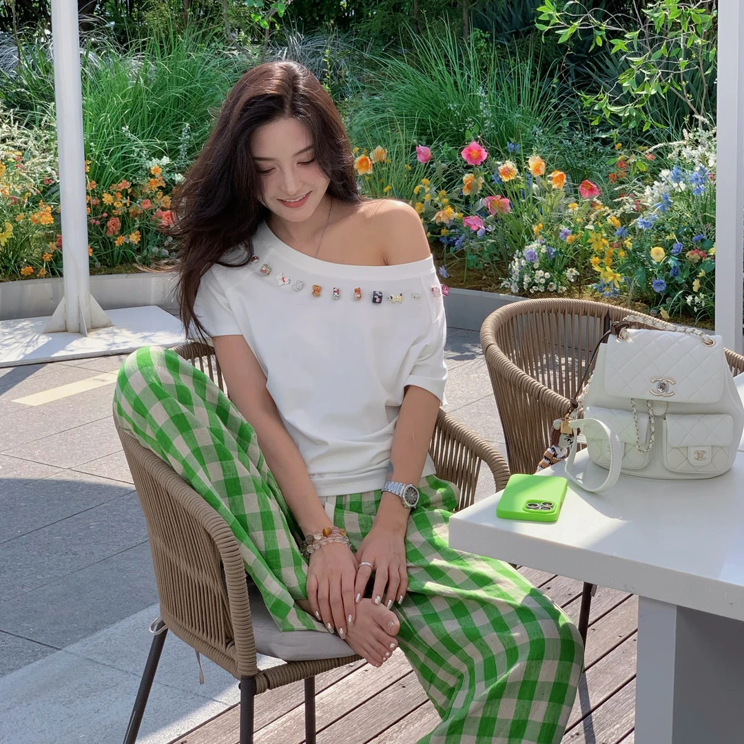 Moprobably李予诺「夏日格林」"亚麻"多巴胺格纹直筒休闲裤L5263061