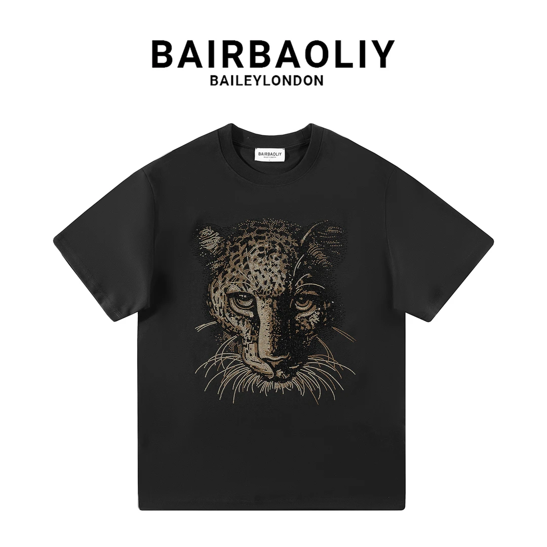 BAIRBAOLIY欧货潮牌重工霸气3D豹头满钻短袖T恤痞帅男装修身版