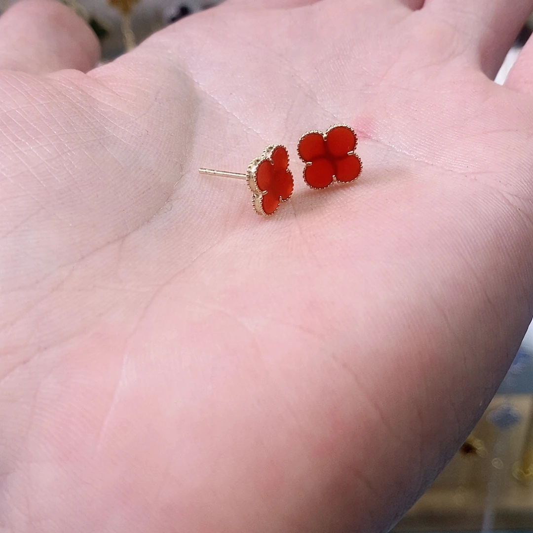 玛瑙/玉髓耳钉18K金镶嵌爱***?K黄