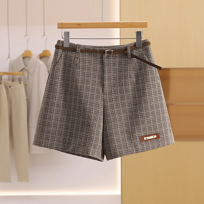 【伍莎-自营】复古高腰百搭休闲裤小香风格纹短裤#ZYW48G003