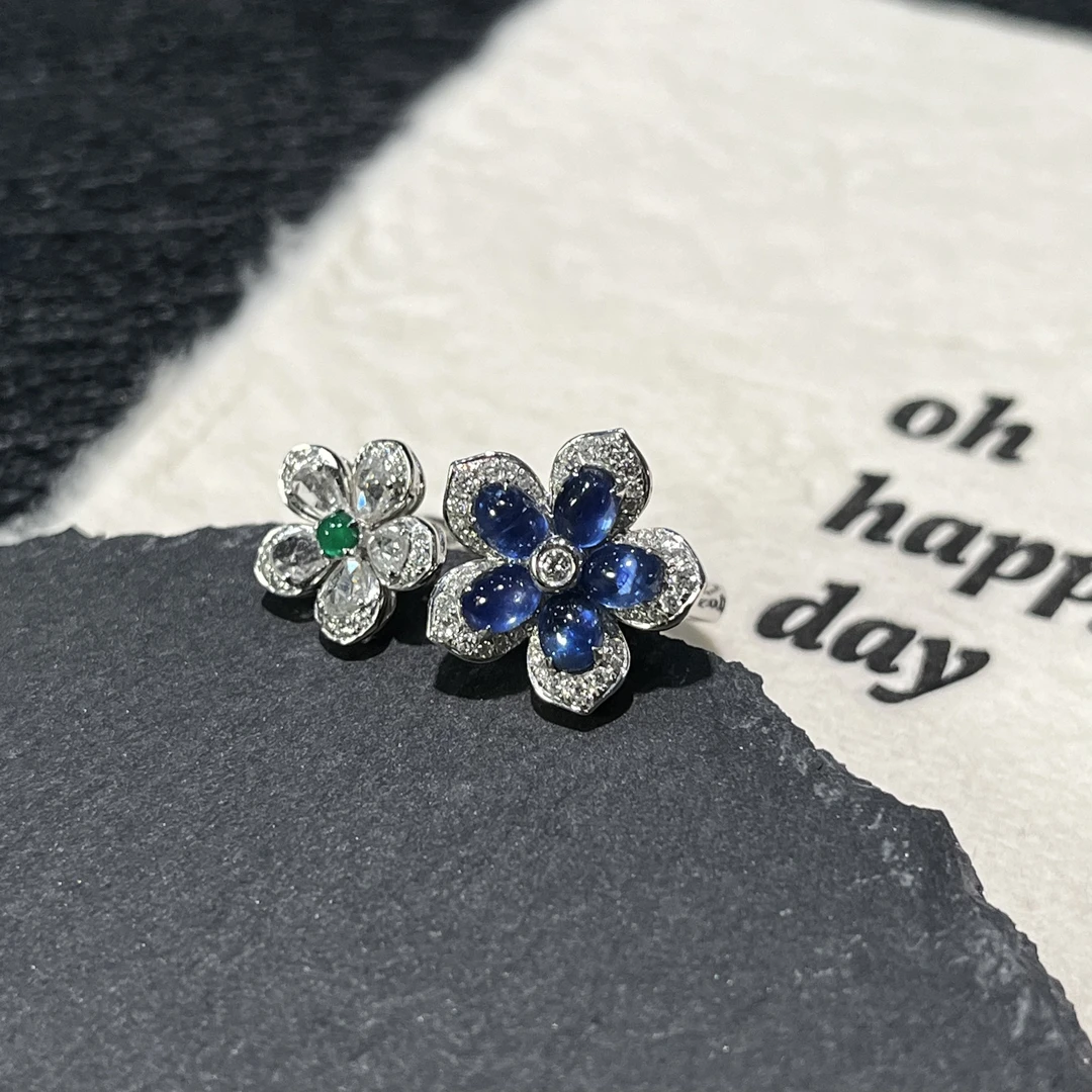 优翠珠宝18K金蓝宝石花花戒指双花设计晶莹剔透立体气质