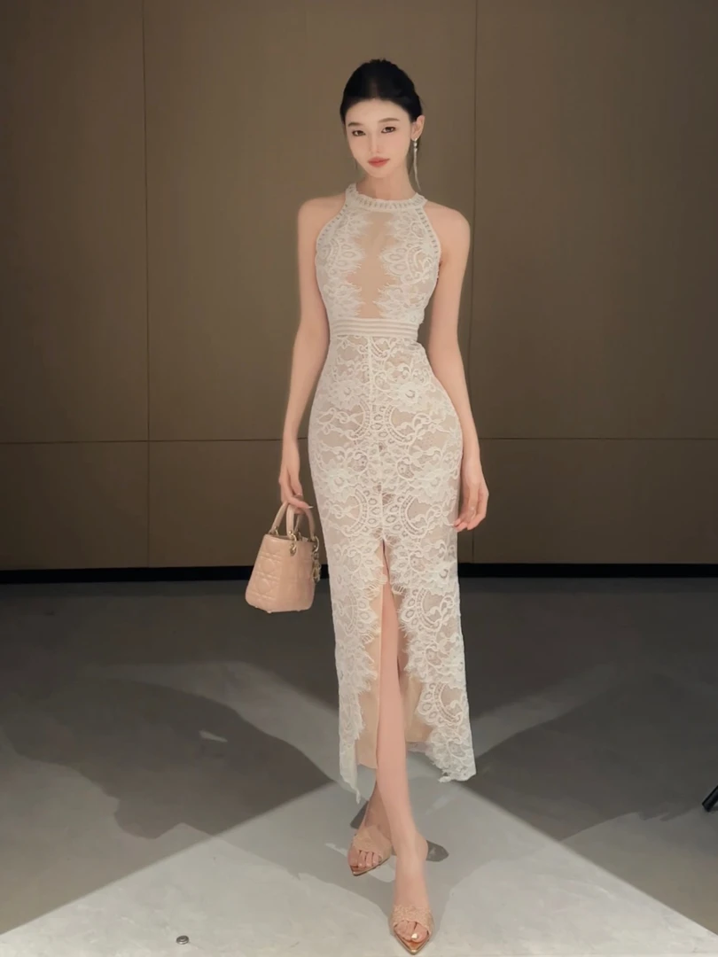 现货【春日部】轻奢不规则蕾丝收腰连衣裙0904