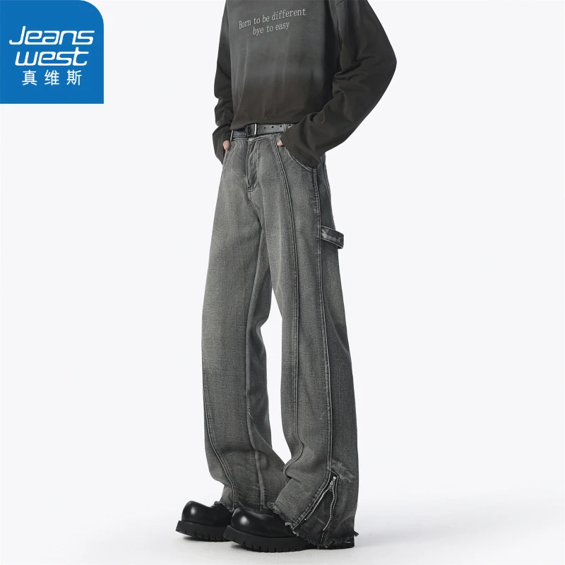 真维斯复古做旧拉链牛仔裤男vibe直筒微喇cleanfit解构设计长裤