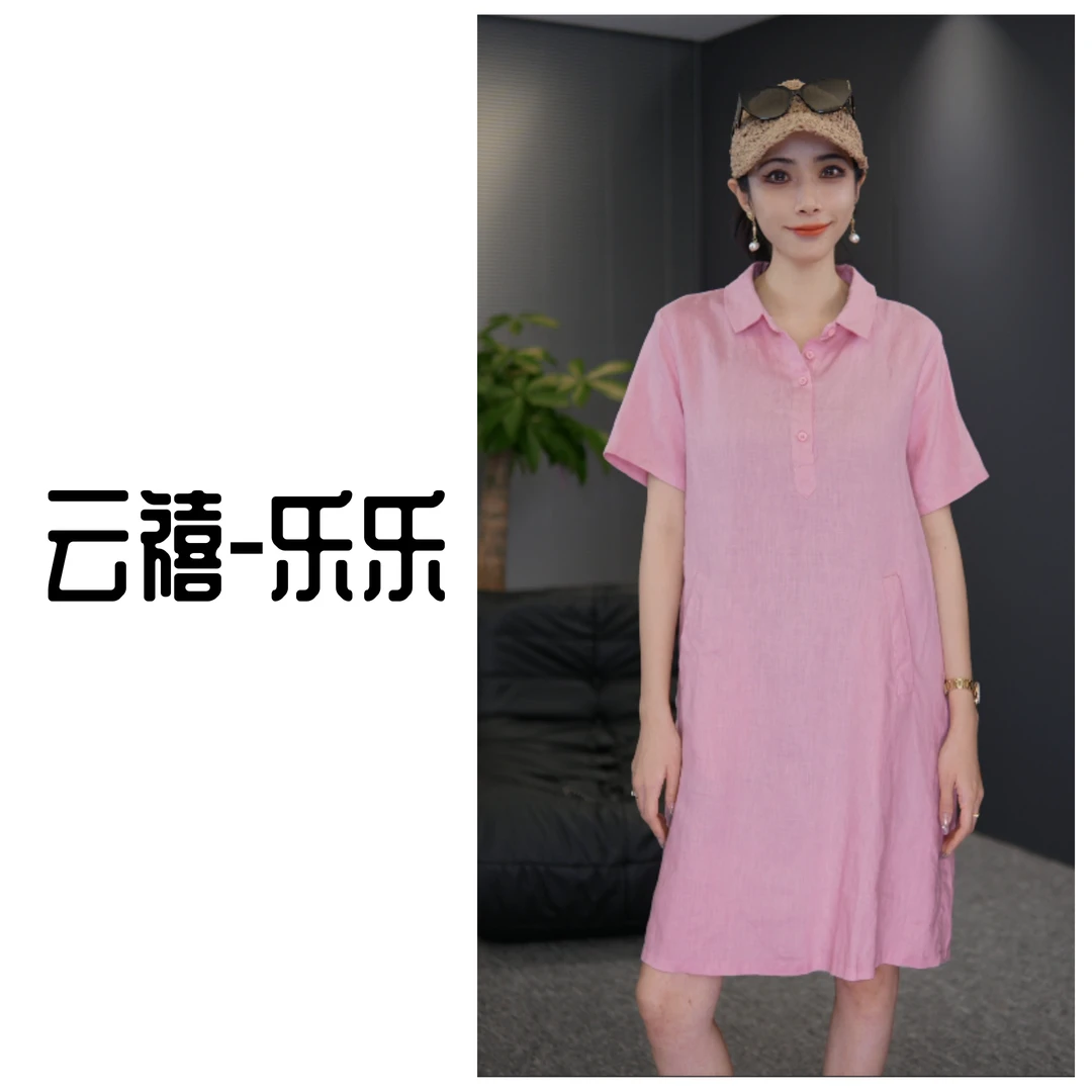 【100亚麻】夏季短袖休闲百搭时尚连衣裙简约大气洋气不挑人