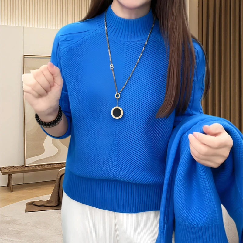 纯色麻花半高领长袖打底针织衫女秋冬2025新款减龄休闲百搭上衣