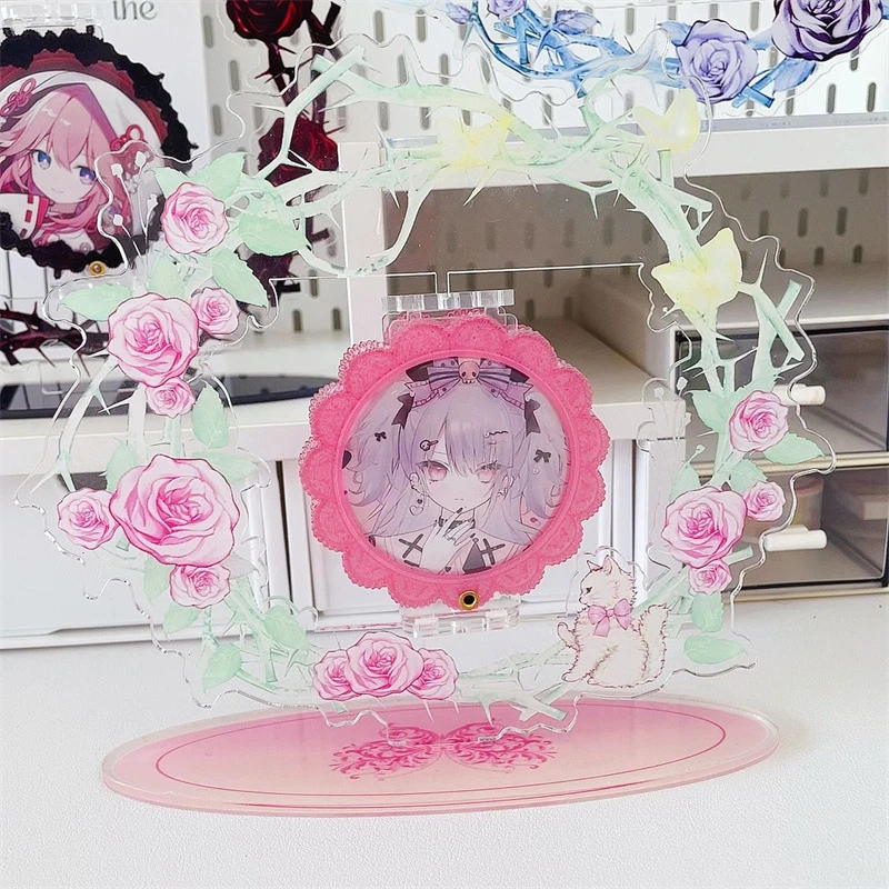 三色玫瑰旋转吧唧展示收纳立牌桌面谷美徽章胸针展示架亚克力谷子