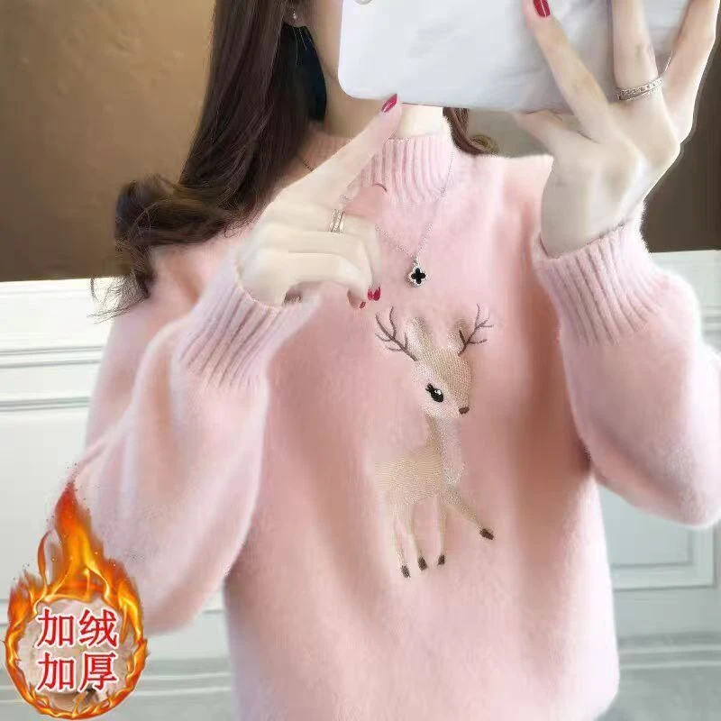 一体绒加绒加厚毛衣女秋冬新款时尚百搭仿水貂绒针织衫保暖上衣