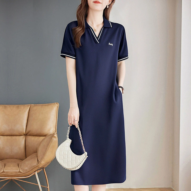 大码polo连衣裙女2025新款夏季裙子翻领宽松大码女装中长款直筒裙