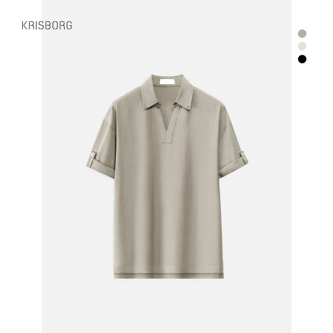 莱赛尔工装短袖POLO衫夏季韩版潮流宽松翻领T恤纯色简约V领polo衫
