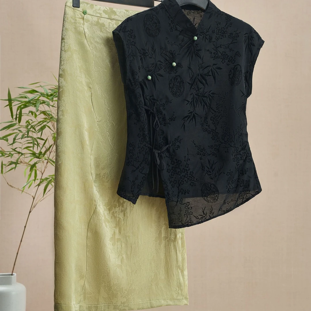 夏季穿搭新中式一整套国风汉服立领提花上衣搭配显瘦半身裙两件套