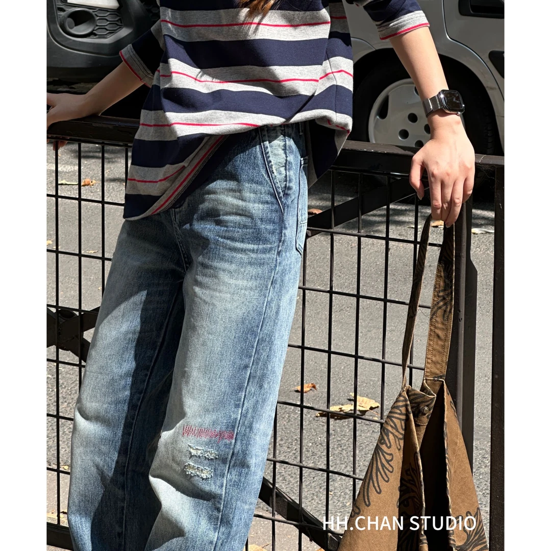 HH.CHAN“信条牛仔”定制棉红色信条直筒显瘦蓝色牛仔裤HH53T37274