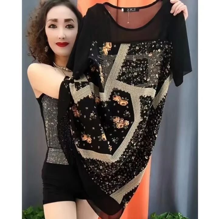 2025夏季新款时尚气质高端印花拼接连衣裙假两件遮肉显瘦宽松裙子