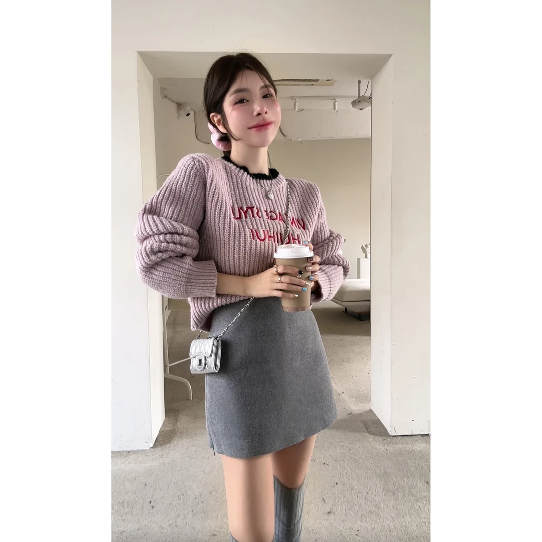 【HuiHui】原创设计字母复古百搭宽松针织毛线上衣(A1277)