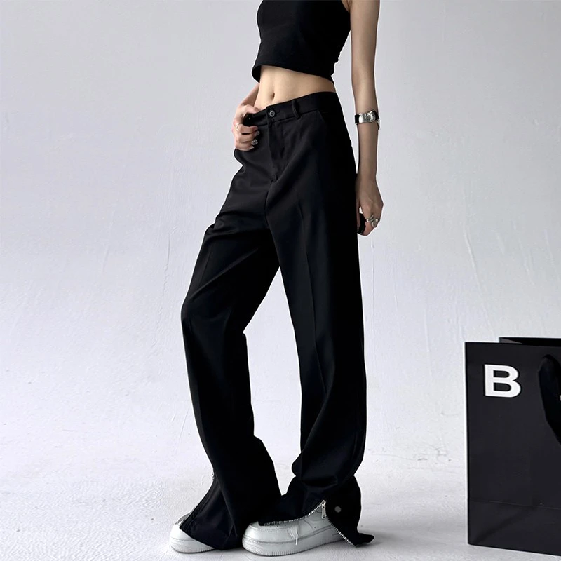 VONSRMAN黑色窄版阔腿侧边拉链裤女春季2025新款高腰显瘦宽松直筒