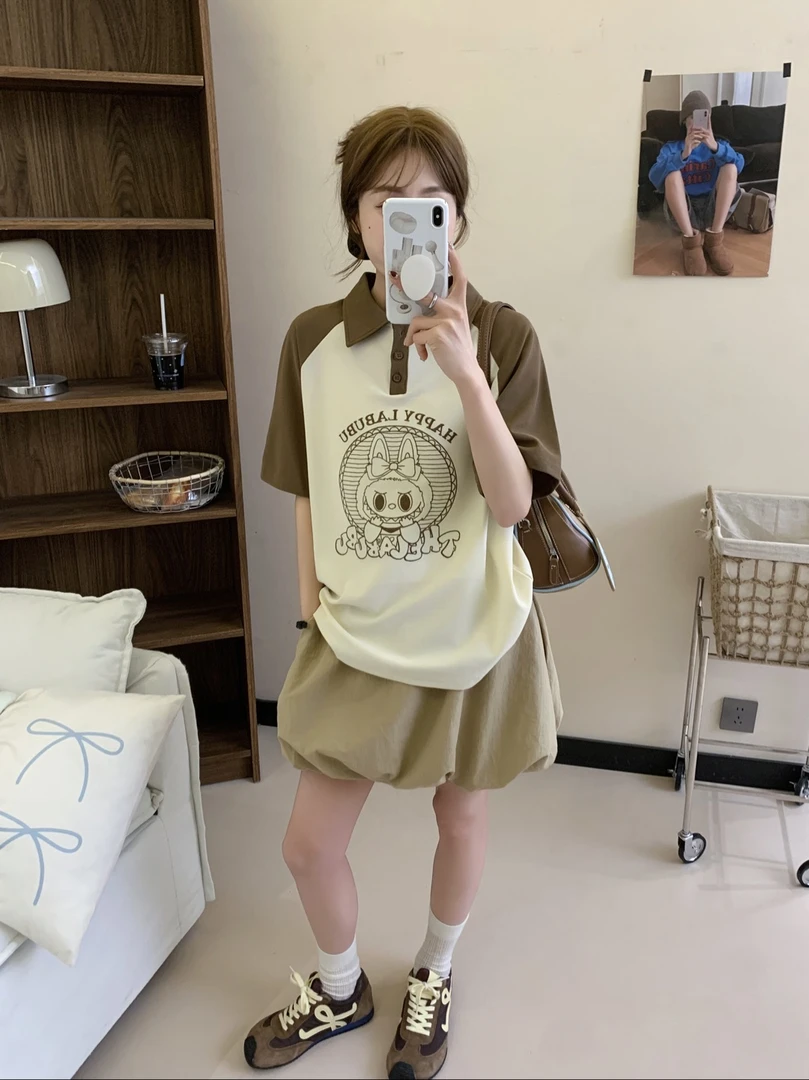 程程甄选  字母布布重工刺绣美式小众森系宽松休闲翻领体恤5252