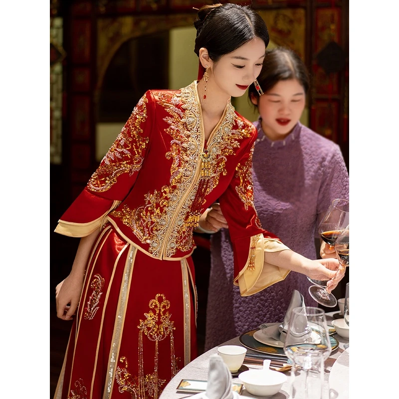 秀禾服婚服2025新款新娘中式礼服结婚嫁衣V领秀禾出阁服敬酒服087