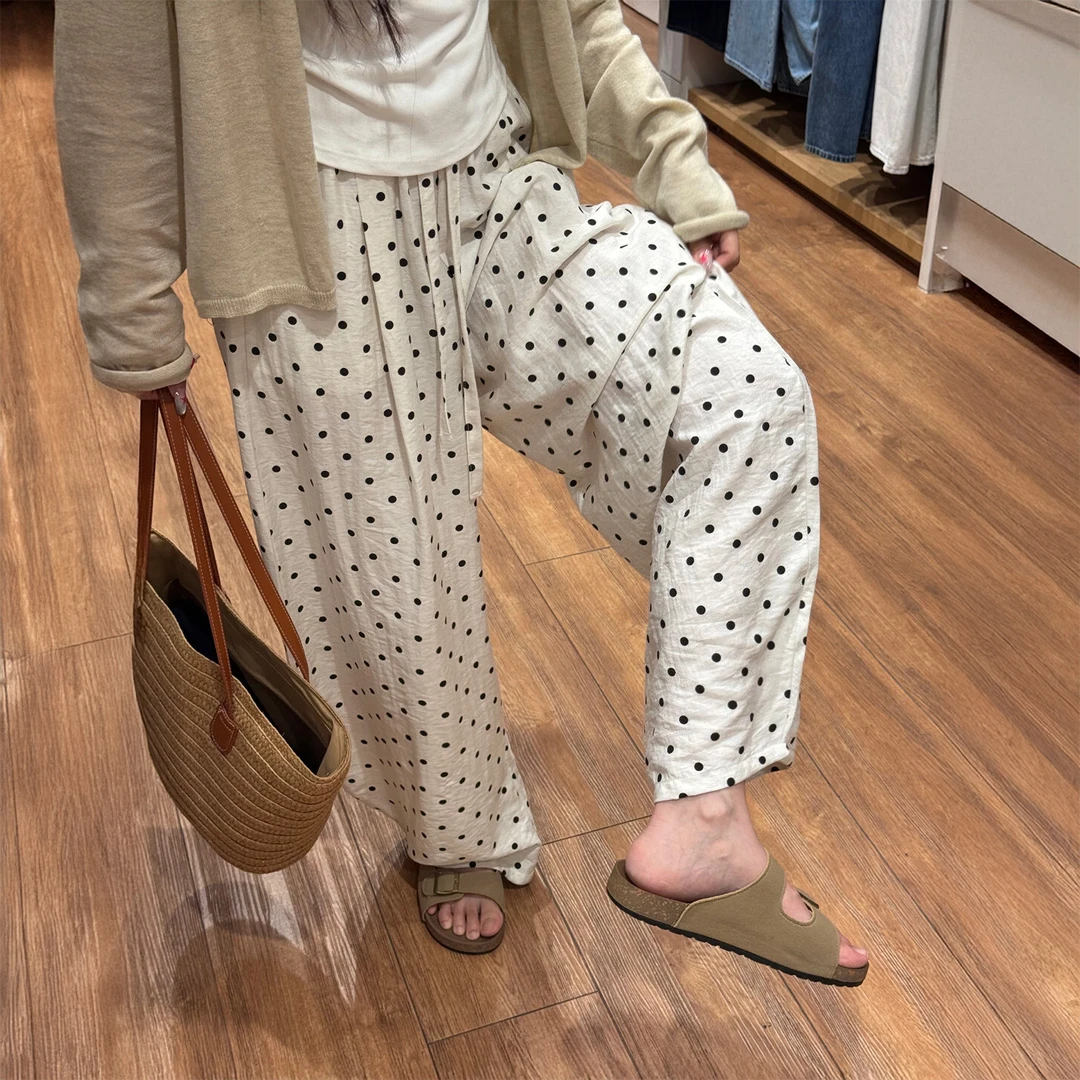 日系棉麻波点休闲裤女秋季新款胖妹妹mm高腰宽松显瘦弯刀阔腿裤子