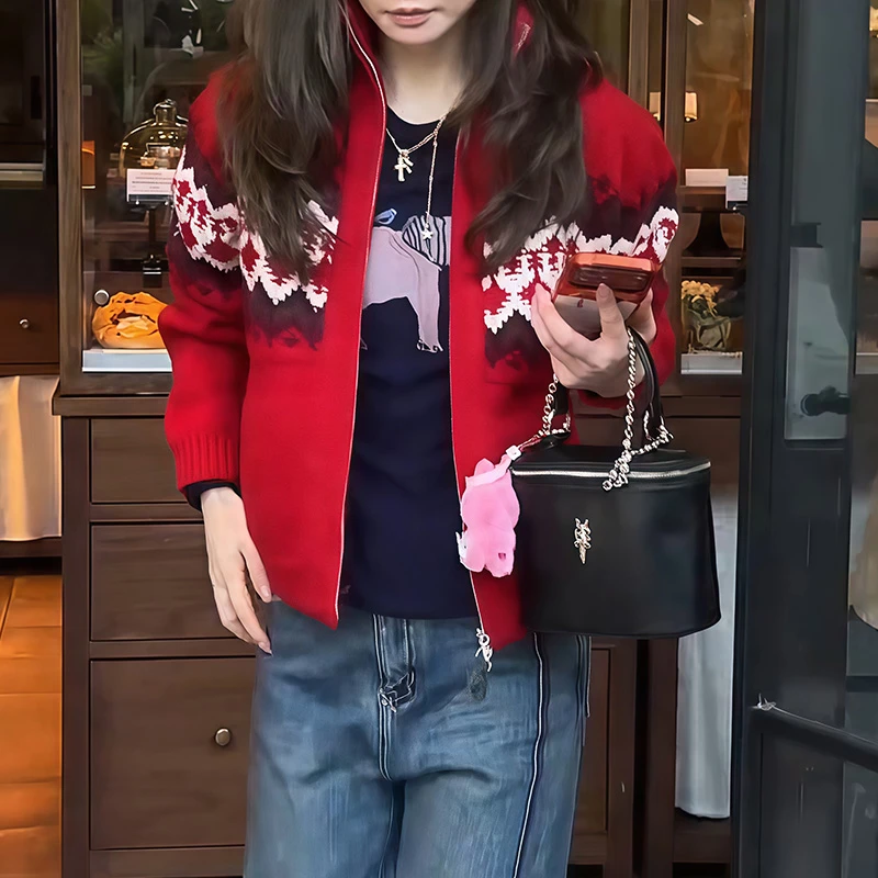 费尔岛毛衣外套女秋冬新款慵懒风拉链设计高级感复古时尚针织上衣