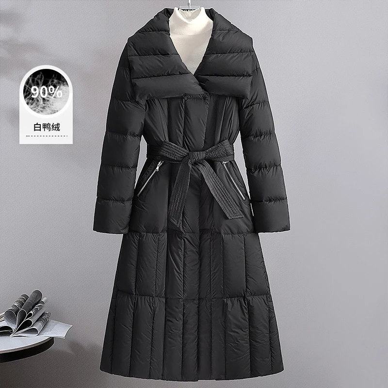 丝柏舍2025冬装新款女装时尚纯色长款系带大翻领羽绒服S44R4828Y