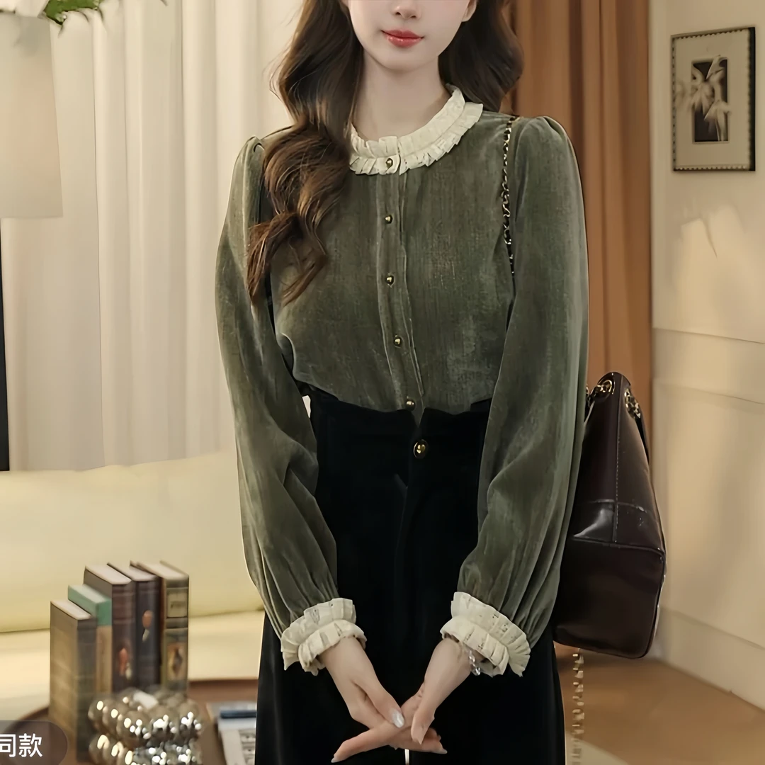 刘有有【早春】别致花边压褶领设计感通勤衬衫5862法式显瘦衬衣复古