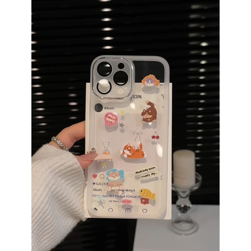适用苹果16pro创意iPhone15手机壳金属镜框华为p70女可爱图案猫咪