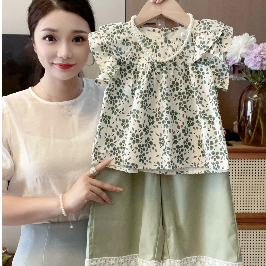 【爆款】女童夏季绿色碎花套装套头薄款套装飞袖裙裤两件套韩版潮