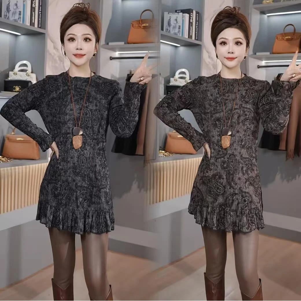 逆袭 年年复古腰果花中长款打底T恤衫加绒保暖I时尚百搭气质小衫