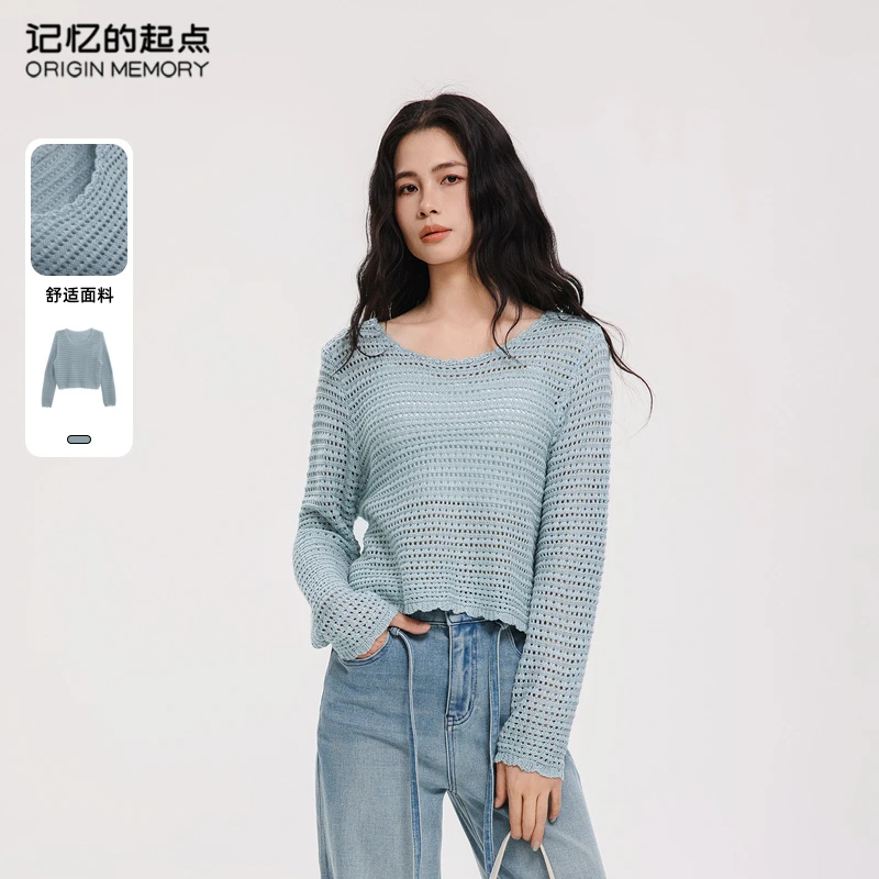 记忆的起点纯色镂空针织衫女2025夏季新款圆领套头上衣69GX51916